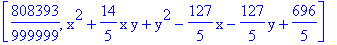 [808393/999999, x^2+14/5*x*y+y^2-127/5*x-127/5*y+696/5]